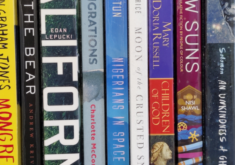 A row of brightly coloured book spines