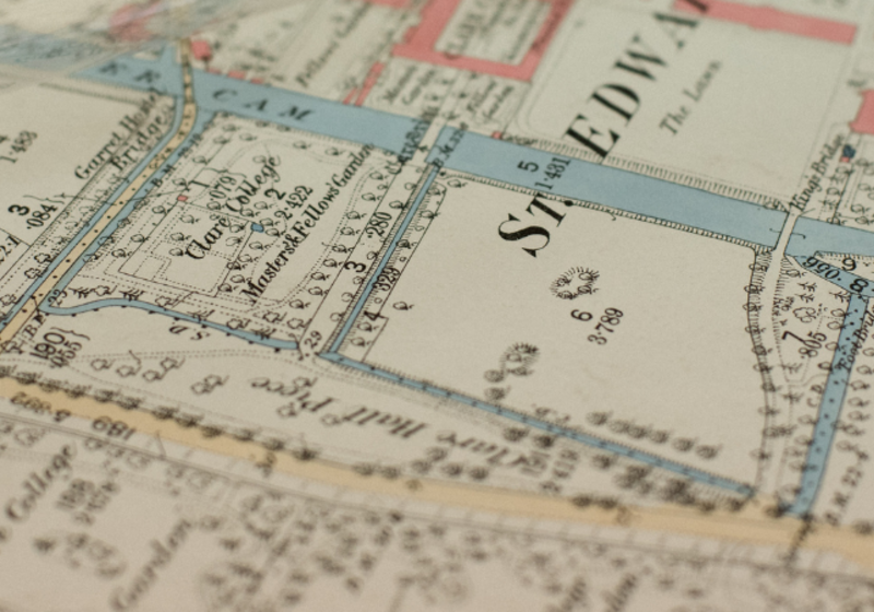 A close up of a historical map of Cambridge