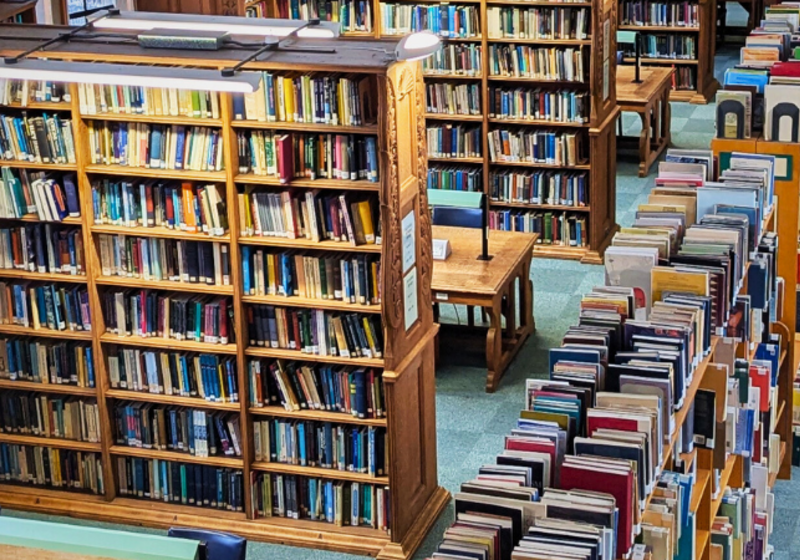 A shot of the Haddon Library space from one of our balconies showing lots of oak shelving and cosy tables offering lots of study spaces