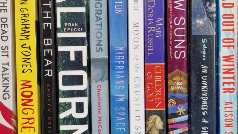 A row of brightly coloured book spines