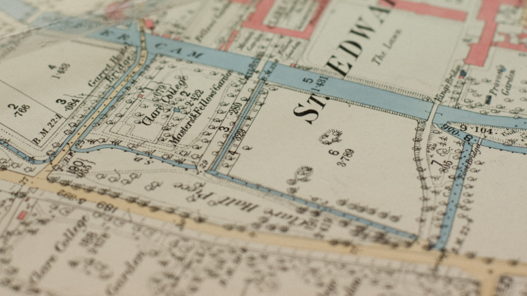 A close up of a historical map of Cambridge